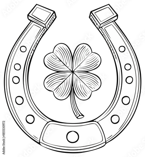 Lucky horseshoe and four leaf clover outline illustration symbolizing good fortune and Irish culture