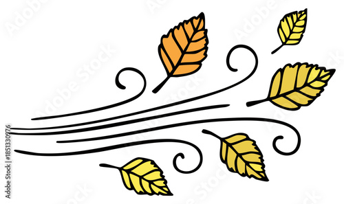 Autumn leaves blown by the wind. Hand-drawn doodle style illustration.