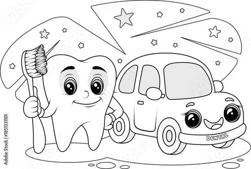 Tooth coloring page with toothbrush and car, dental line illustration