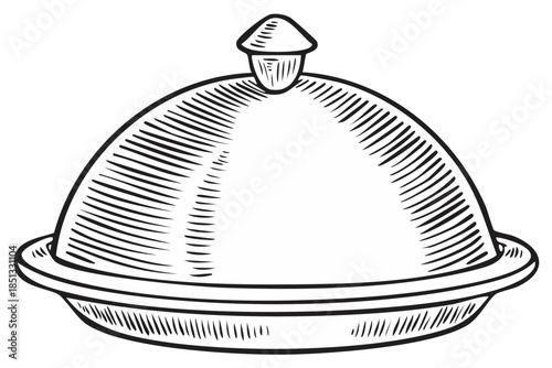 Vintage Cloche Illustration Serving Dish Detailed Black and White