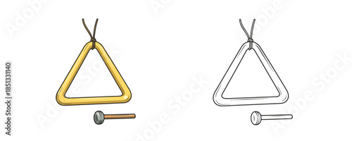 Musical triangle instruments with beaters in cartoon and outline styles with yellow and white colors represent percussion equipment for rhythm and orchestra