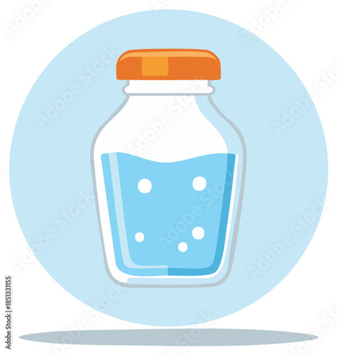 Flat design illustration of a clear bottle containing blue liquid with an orange cap, symbolizing hydration