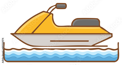 Cartoon yellow personal watercraft jet ski floating on blue water, summer fun activity vector