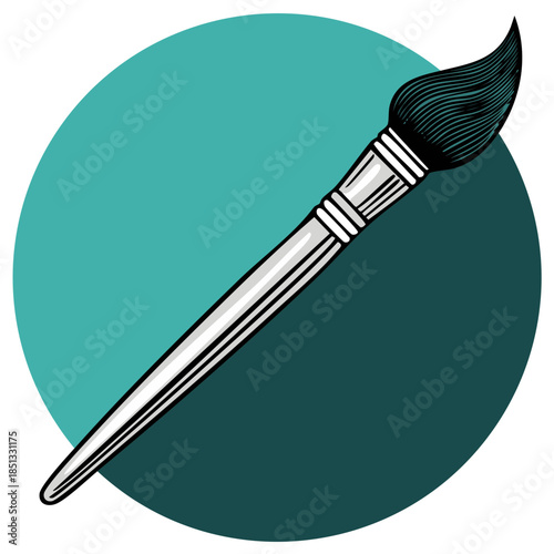 Artist's paint brush with dark bristles and silver handle poised on a teal circle graphic