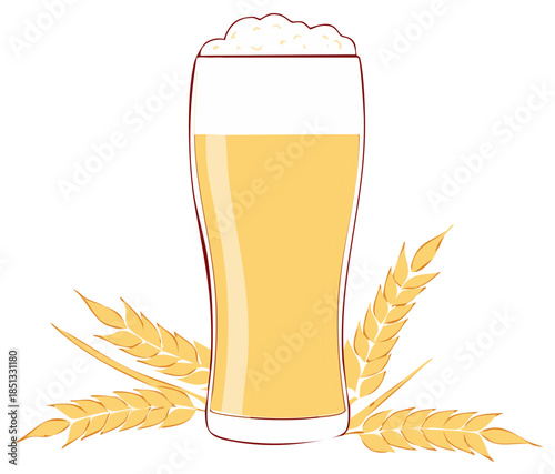 Refreshing golden beer in a tall pilsner glass with wheat stalks vector illustration
