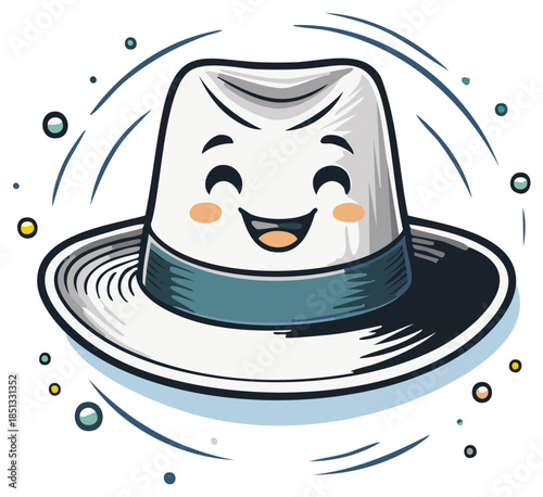 Cheerful fedora hat character illustration with a happy smiling face and rosy cheeks