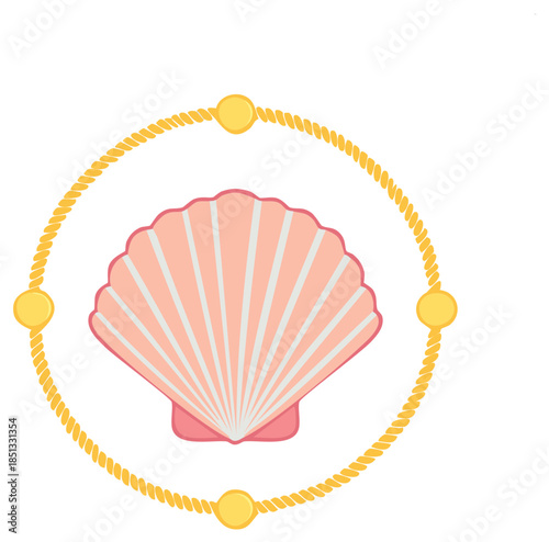 Elegant Pink Scallop Shell Adorned with Golden Rope and Beads Emblematic of Coastal Beauty