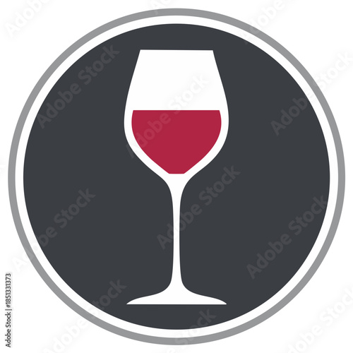 Wine glass icon within a circle with shades of red, grey, and white, perfect for branding.