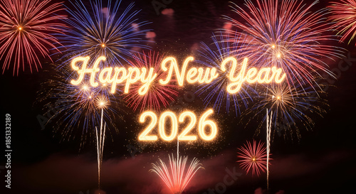 Yellow glowing text happy new year 2026 digital fireworks background 