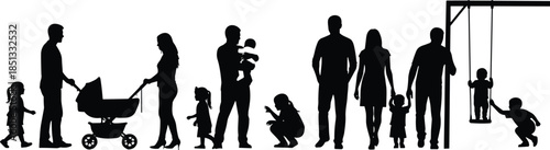 Family silhouette illustration, parenting scenes, father and mother with children, stroller, swing, bonding moments, parent-child interaction, nurturing love, outdoor life