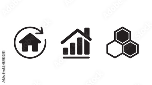 Simple black icons for real estate and data analysis in modern minimalist style with clean lines for web and mobile applications