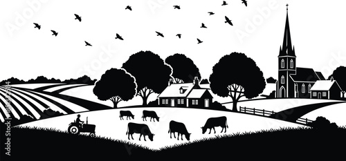 Rural village landscape silhouette illustration with church, farmhouse, fields, cows, trees, and flying birds representing countryside life and pastoral scenery