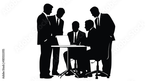 Business professionals collaborating around a table with a laptop depicted in a stark silhouette