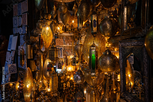 Detailed view of a local market with colorful crafts and souvenirs Marrakesh,  Morocco
