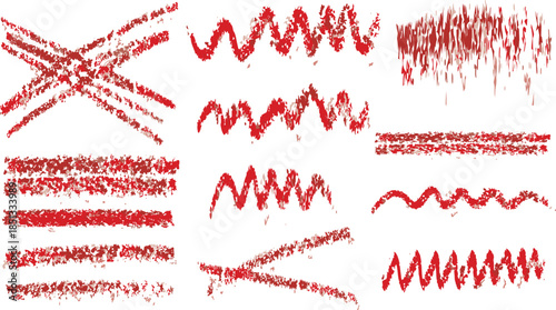 Collection of red crayon scribbles and artistic lines on a white background