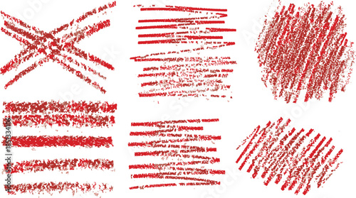 Collection of Textured Red Scribbles and Strokes on White Background, Graphic Elements