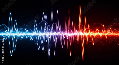 A vibrant, colorful digital audio waveform with glowing blue, purple, and orange peaks against a dark background, representing sound energy and frequency