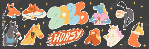 horses funny character's new year sticker pack in doodle style in vector. element for decor postcard design print sticker animation poster background