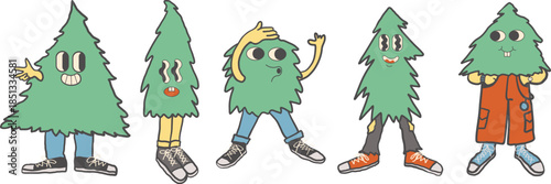 Set of Christmas tree characters in doodle style in vector. Elements for poster postcards stickers design