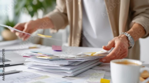 A person is sitting at a desk with a pile of papers and a cup of coffee. The scene suggests a busy workday, with the person likely working on a project or task