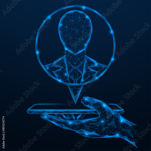 Mobile artificial intelligence. The floating profile above the smartphone symbolizes the virtual assistant integrated into the smartphone. The concept of data analysis and personalized services.