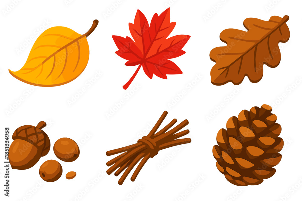 Obraz premium Vibrant Autumn Icons. Isometric vector illustration set Autumn Leaf Pile: curled yellow leaf, crimson maple cluster, brown oak