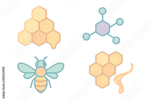 Cyber Apiary Network. Isometric vector illustration set Cyber Apiary Network: honeycomb structure, flowing binary nectar, bee