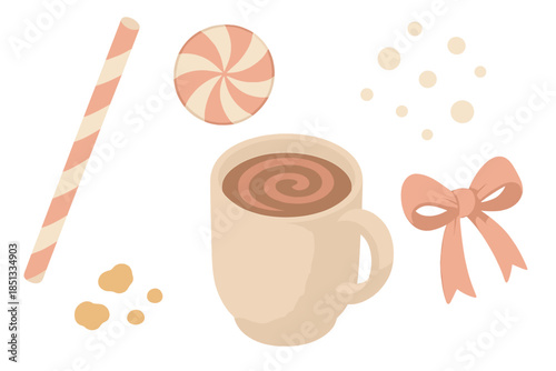 Holiday Cocoa Delight. Isometric vector illustration set Holiday Cocoa Scene: striped straw, peppermint candy, hot chocolate swirl