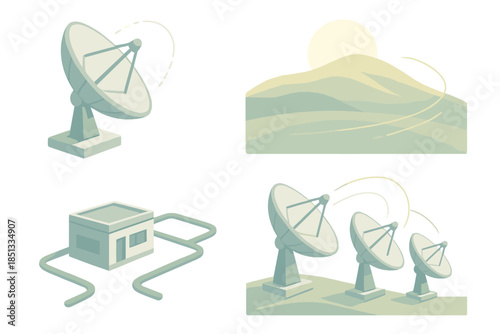 Sky Listener Valley. Isometric vector illustration set Sky Listener Valley: curved parabolic dishes, cable conduits, control