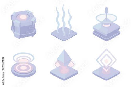 Quantum Energy Node. Isometric vector illustration set Quantum Energy Node: hexagonal reactor, flux energy streams, field