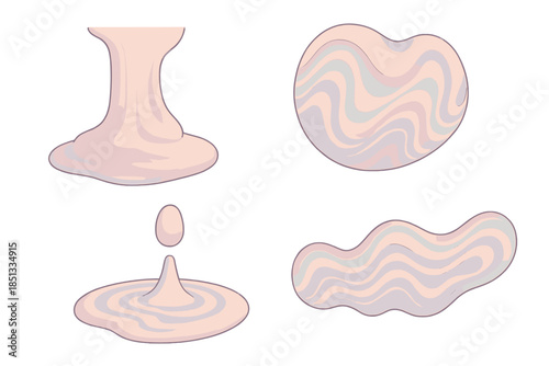 Viscous Color Flow. Isometric vector illustration set Viscous Color Flow: thick ink stream, marbled texture, soft contour lines,