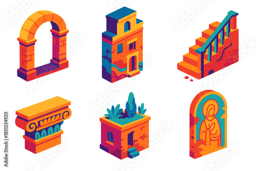 Architectural Palimpsest Icons. Isometric vector illustration set Architectural Palimpsest: ancient archway, layered facade,