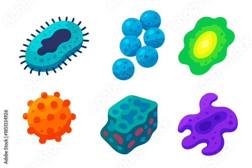 Vibrant Microbe Icons. Isometric vector illustration set Living Ink Microbe: ink-stained cell, protozoa cluster, fungal spore,