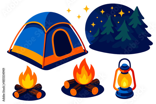 Starry Camping Night. Isometric vector illustration set Starry Night Tent: dome tent, twinkling stars, campfire logs, lantern glow