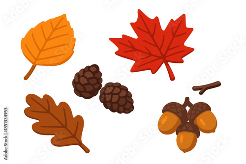 Autumn Leaf Icons. Isometric vector illustration set Autumn Leaf Pile: orange birch leaf, crimson maple, brown oak leaf, scattered