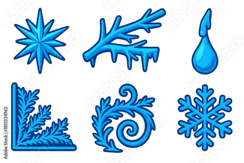 Frosty Winter Icons. Isometric vector illustration set Frost Windowpane: frost star pattern, icy branch, frozen drop, glass frost