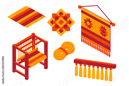 Saffron Tapestry Icons. Isometric vector illustration set Saffron Thread Tapestry: woven fabric section, hanging tapestry fragment