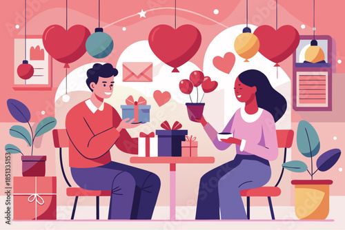 Romantic couple exchanging gifts in a decorated cafe with hearts and balloons, celebrating love and Valentine's Day