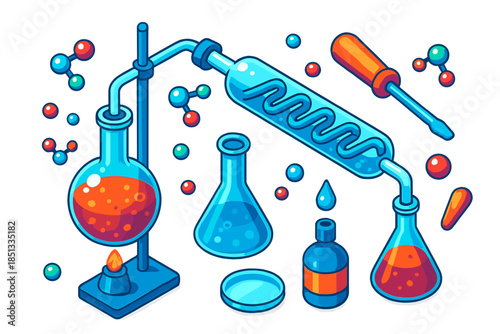 Molecular Distillation Icons. Isometric vector illustration set Molecular Distillation Art: distillation apparatus, round-bottom