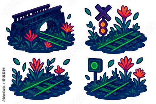 Neon Rail Revival. Isometric vector illustration set Abandoned Railway Bloom: derelict rail bridges, neon blooming plants, glowing