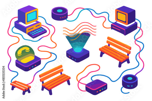 Neon Network Garden. Isometric vector illustration set Dial-Up Connection Garden: glowing computer terminals, neon network cables,