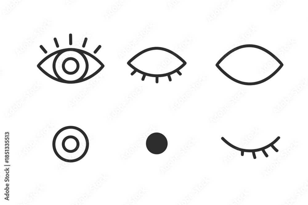 Obraz premium Line Style Eye Icons. Line style icons of Eye: open eye, closed eye, eye outline, iris ring, minimal pupil, soft lash arc. No text