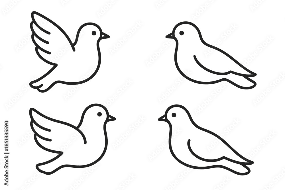 Fototapeta premium Peace Bird Icons. Line style icons of Peace Birds: calm wing line, rounded head, subtle beak tip, smooth body curve, light tail