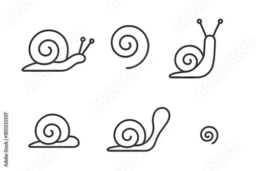 Snail Line Icons. Line style icons of Snail: crawling snail, snail shell spiral, extended antennae, small body curve, resting