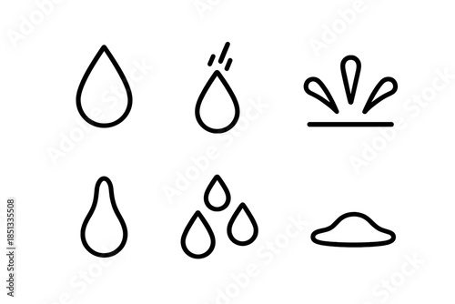 Line Style Raindrops. Line style icons of Raindrop: single droplet, falling drop, splash arc, rounded drip, droplet cluster, soft