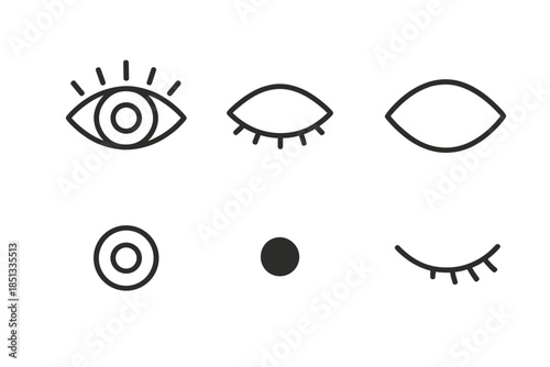 Line Style Eye Icons. Line style icons of Eye: open eye, closed eye, eye outline, iris ring, minimal pupil, soft lash arc. No text