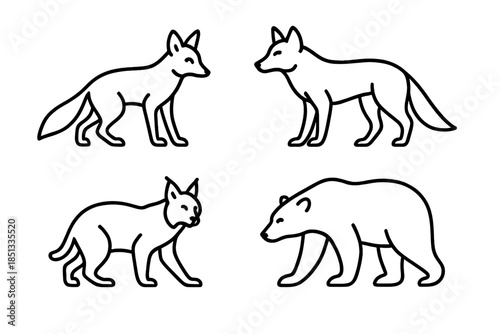 Forest Predator Icons. Line style icons of Forest Predators: cautious pose, sleek body form, gentle back curve, sharp ear tip,