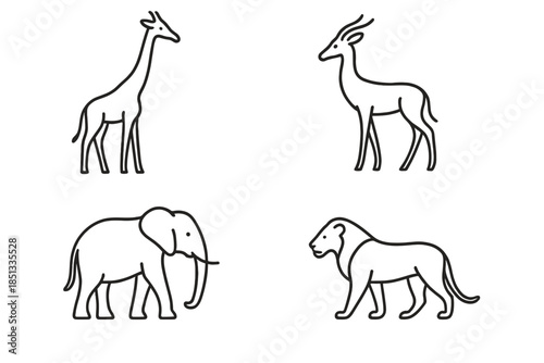 Savannah Creature Icons. Line style icons of Savannah Creatures: slender form, curved neck rise, light muzzle line, long limb