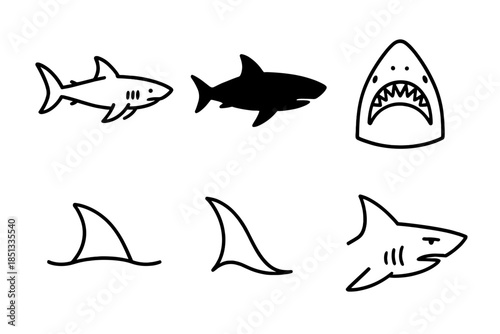 Shark Line Icons. Line style icons of Shark: swimming shark, shark silhouette, shark head, dorsal fin arc, tail sweep, sharp