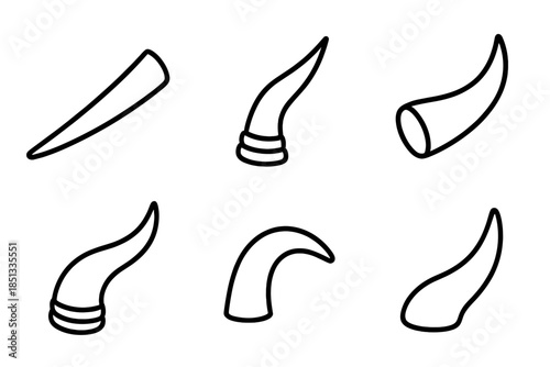 Iconic Line Horns. Line style icons of Horn: single horn, curved horn, pointed tip, layered base, smooth arc, minimal shape. No